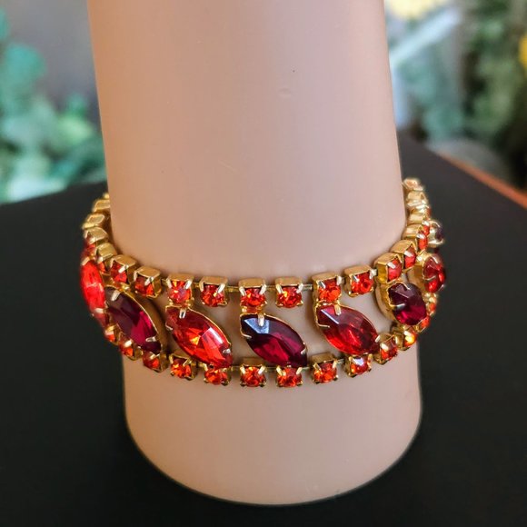 Vintage Orange & Red Rhinestone Flat Bracelet - Picture 1 of 9
